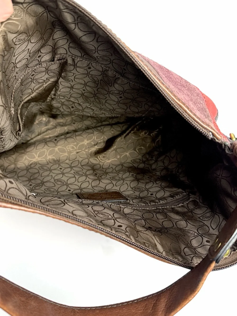 Fossil Patchwork Leather Hobo Bag Multicolor Brown Red Boho Key Charm Vintage